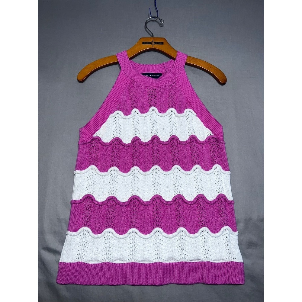 Tommy Hilfiger Pink White Scalloped Stripe Pointelle Cotton Knit Tank Top Large